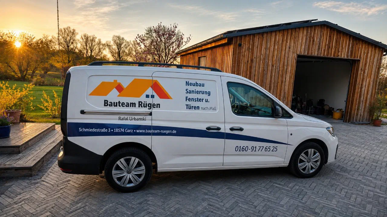 Firmenbeschrifteter Service-Bus (Bauteam Rügen) vor einem Holzgebäude in der Abendsonne